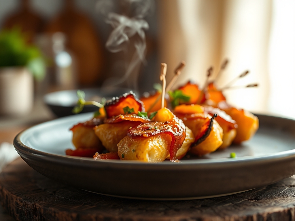 Espetadas de vieiras e bacon