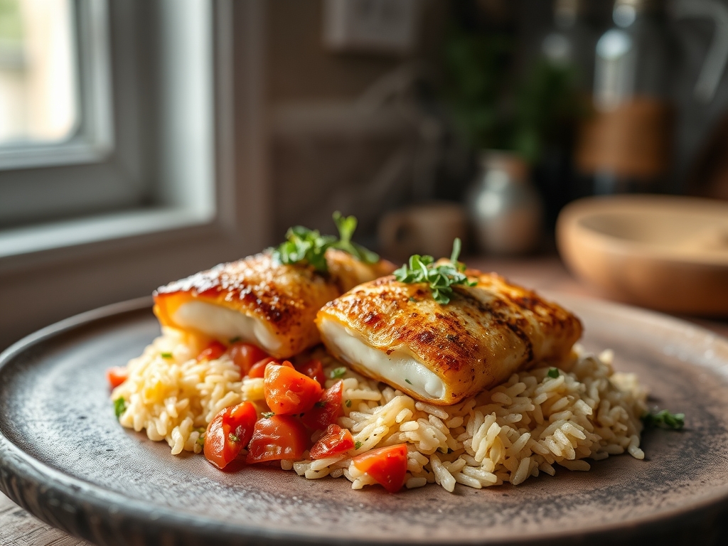 Filetes de pescada com arroz de tomate