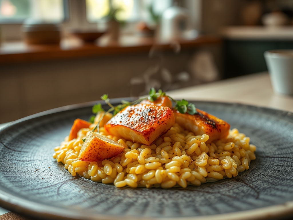 Risoto de espargos e camarão tigre